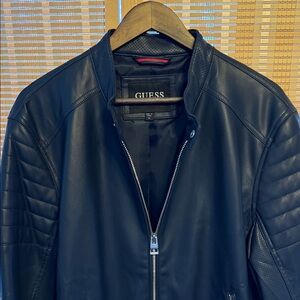 GUESS Men's Navy Faux Leather Bomber Jacket